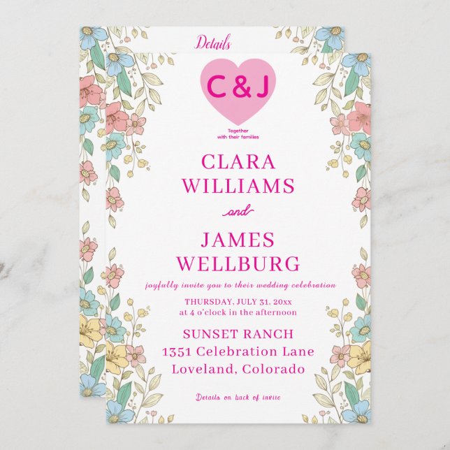Convite Elegante Pastel Floral Invitation Modelo (Frente/Verso)