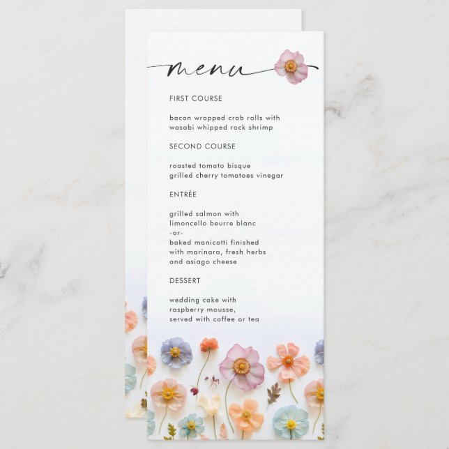 Convite Elegante Pastel Pink Boho Wildflower Menu (Frente/Verso)