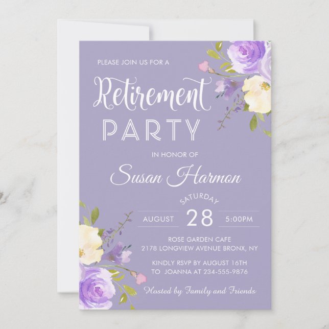 Convite Elegante Pastel Purple Floral Retirement Party (Frente)