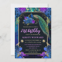 Elegante Pavão Floral Azul e Roxo de Aniversário
