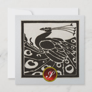 CONVITE ELEGANTE PAVÃO PRETO PRATA, MONOGRAMA DE GEMA RUBI