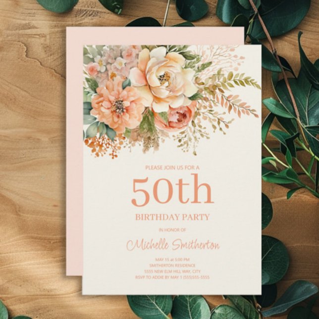 Convite Elegante Peach Cream Floral 50º Aniversário (Peach and cream floral 50th birthday party invitation)