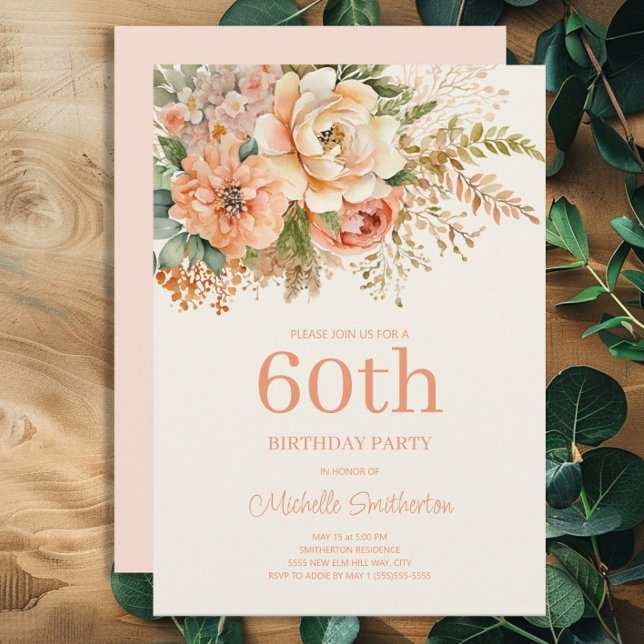Convite Elegante Peach Cream Floral 60º Aniversário (Peach and cream-colored watercolor floral 60th birthday party invitation)