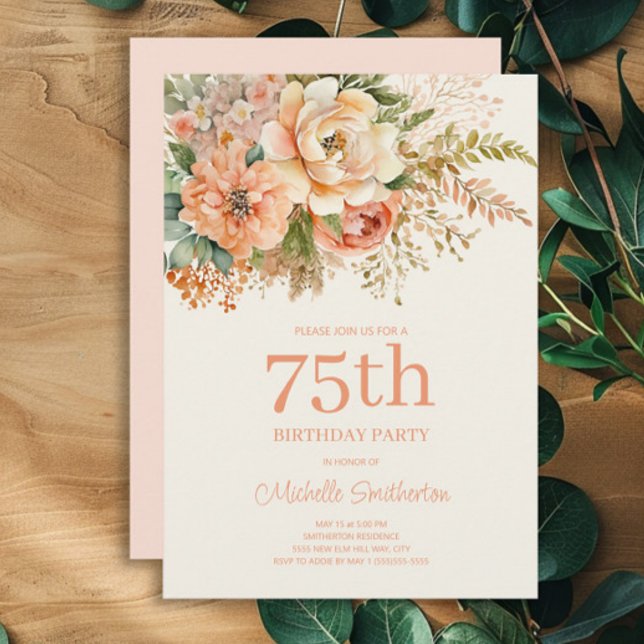 Convite Elegante Peach Cream Floral 75º Aniversário (Peach and cream watercolor floral 75th birthday party invitation)