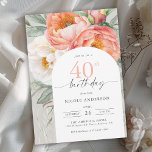 Convite Elegante Peach Floral aniversário de 40 anos<br><div class="desc">Com um charme elegante, este convite para aniversário de 40 anos floral de pêssego e aquarela branca é uma bela escolha para celebrar um aniversário especial. Apresenta um buquê encantador de pêssego e marfim de cor branca, eucalipto e verde rasteira em um fundo verde-claro e neutro. Os emparelhamentos faciais do...</div>