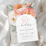 Convite Elegante Peach Floral Feminina 50º Aniversário<br><div class="desc">Com um encanto elegante, este convite para o 50.º aniversário de cor verde-pêssego e branca é uma bela escolha para celebrar um aniversário especial de marcos. Apresenta um buquê encantador de pêssego e marfim de cor branca, eucalipto e verde rasteira em um fundo verde-claro e neutro. Os emparelhamentos faciais do...</div>
