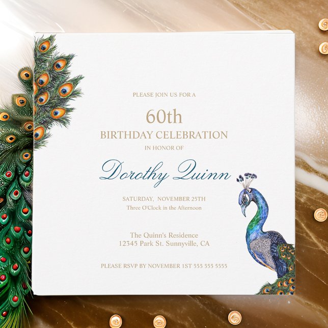 Convite Elegante Peacock de Aniversário em Aquarela (Criador carregado)