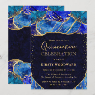 Convite Elegante Pedra de Cristal Azul Dourado Quinceanera