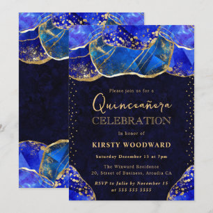 Convite Elegante Pedra de Cristal Azul Dourado Quinceanera