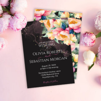 Convite Elegante Peônia Aquarela em Preto | Casamento