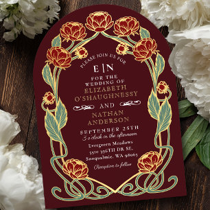 Convite Elegante Peônia Burgundy Arte Nova Floral Casament