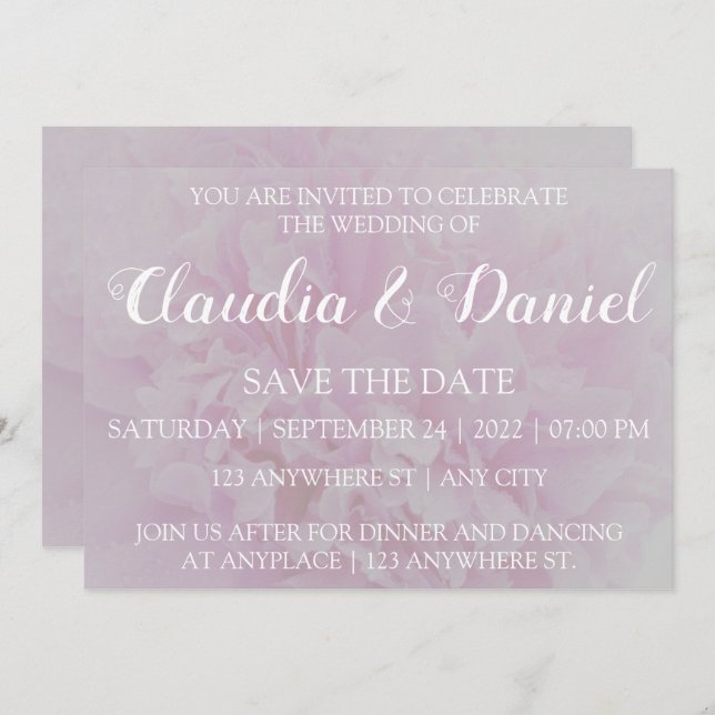 Convite Elegante peônia floral rosa poeirento salvar a dat (Frente/Verso)