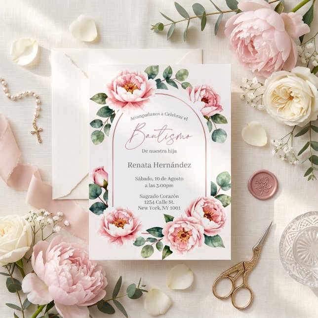 Convite Elegante Peônia Rosa Bege Bautismo (Criador carregado)