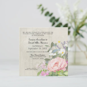 Convite Elegante Peônia Rosa Flora Vegetação Madeira Rústi