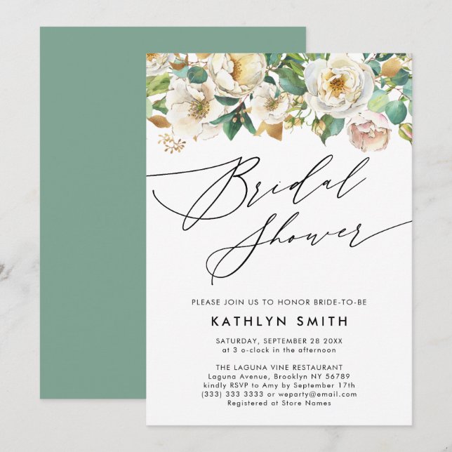 Convite Elegante Peony Botanical Greenery Chá de panela (Frente/Verso)