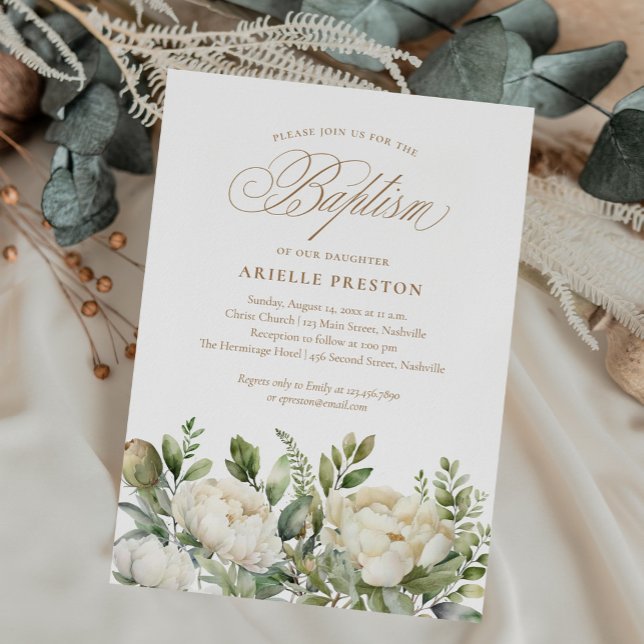Convite Elegante Peony Floral Script Baptism (Criador carregado)