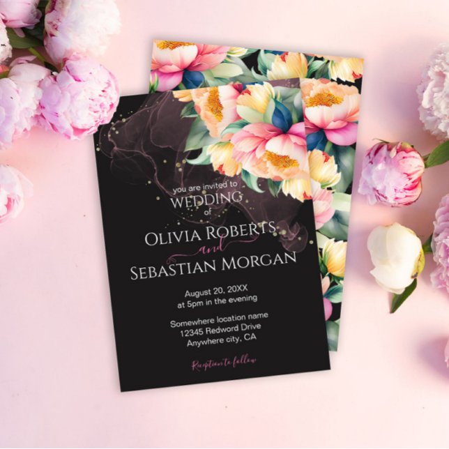 Convite Elegante Peony Watercolor em preto | Casamento (Criador carregado)