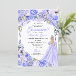 Convite Elegante Periwinkle Blue Floral Quinceanera