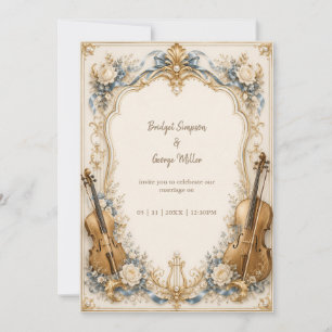 Convite Elegante Pérola Azul Florais Cordas Casamento Luxo