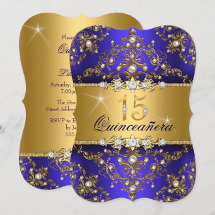 Convite Elegante Pérola Damasco Azul Real Quinceanera