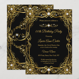 Convite Elegante Pérola Damasco Preto Dourado Aniversário