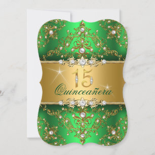 Convite Elegante Pérola Damasco Verde Quinceanera