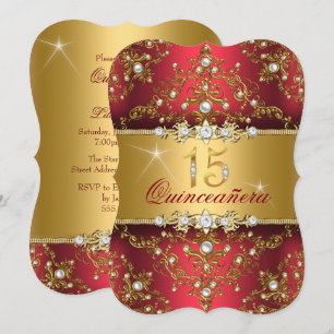 Convite Elegante Pérola Damasco Vermelho Quinceanera
