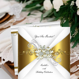 Convite Elegante Pérola Ouro Prata Diamante Festa de Anive