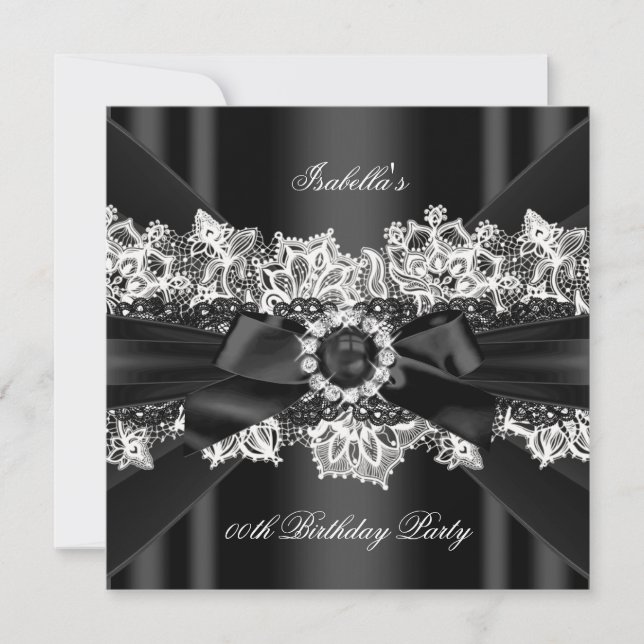 Convite Elegante Pérola Preta Laço de Renda Branco Festa d (Frente)