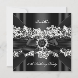 Convite Elegante Pérola Preta Laço de Renda Branco Festa d