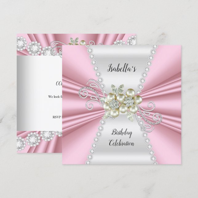 Convite Elegante Pérola Rosa Claro com Diamante Branco de  (Frente/Verso)
