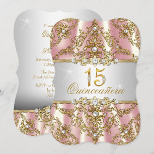 Convite Elegante Pérola Rosa Dourada Damask Quinceanera