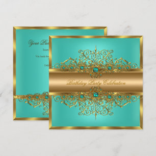 Convite Elegante Pérolas Verde Água e Jade Dourado Festa d