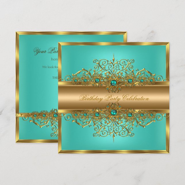 Convite Elegante Pérolas Verde Água e Jade Dourado Festa d (Frente/Verso)