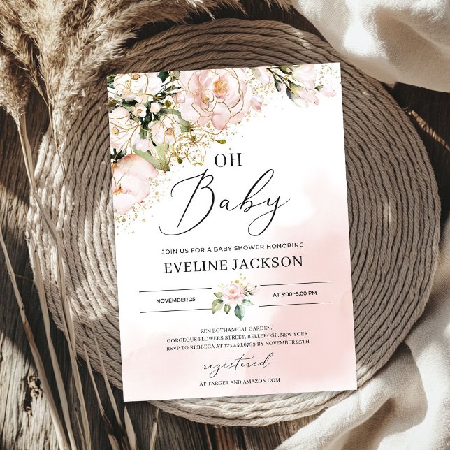 Convite Elegante pincel cor-de-rosa dourada floral oh chá  (Elegant blush pink floral gold girl oh baby shower invitation)