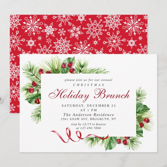 Convite Elegante Pine Holly Berry Natal Brunch (Frente/Verso)