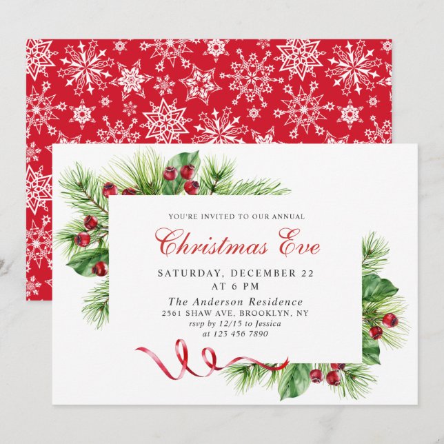 Convite Elegante Pine Holly Berry Véspera de Natal (Frente/Verso)