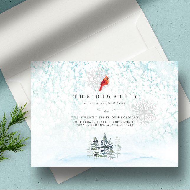 Convite Elegante Pinheiros de inverno Aquarela de Natal (Christmas invitations watercolor winter pine trees and cardinal blue snowy scene)