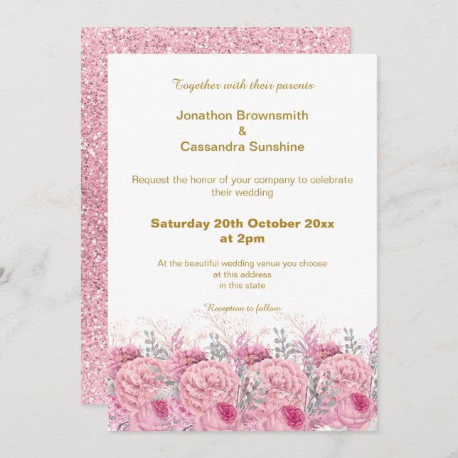 CONVITE ELEGANTE PINK FLORAL FLORAL WEDTING (Frente/Verso)