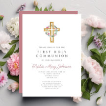 Elegante Pink Floral Wreath Cross Primeira Comunhã