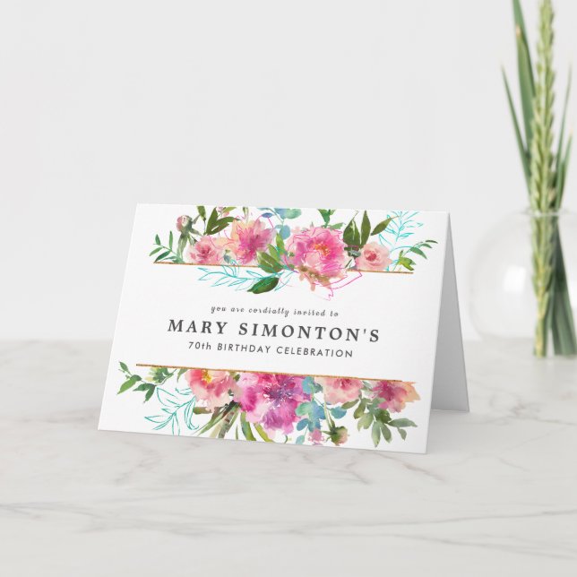 Convite Elegante Pink Peony Floral 70 Birthday (Frente)