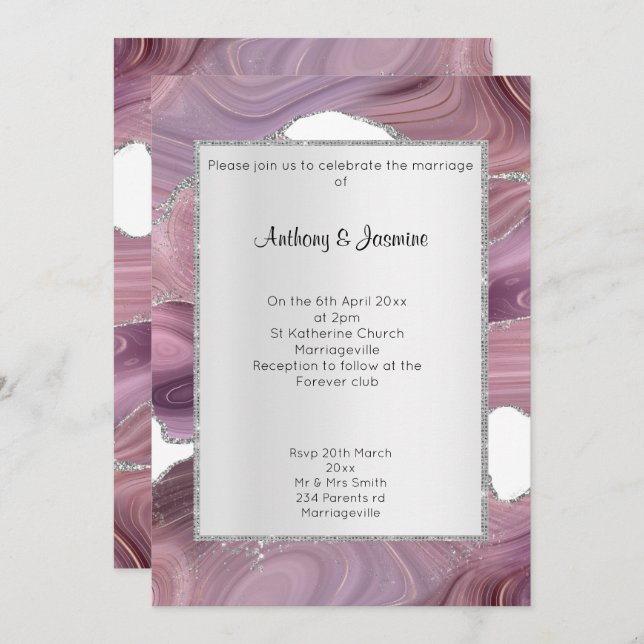 CONVITE ELEGANTE PINK SILVER MARBLE WEDDING (Frente/Verso)