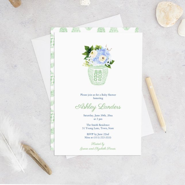 Convite Elegante Pistachio Branco Gênero Chá de fraldas ne (Gender Neutral Green And White Watercolor Floral Baby Shower Invitation)