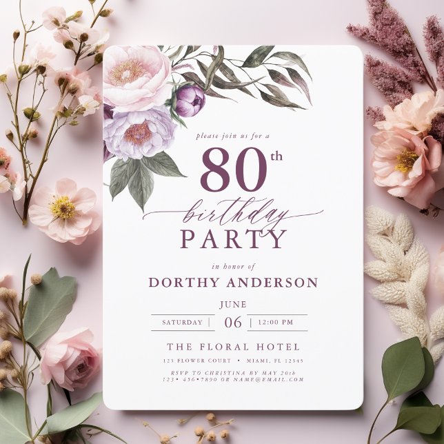 Convite Elegante Plum Purple Floral 80 Birthday (Criador carregado)