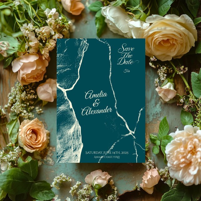 Convite Elegante Pó Azul e Creme Mármore Save the Date (Criador carregado)