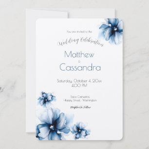 Convite Elegante Pó Azul Marinho Flores Casamento