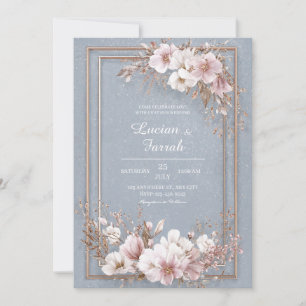 Convite Elegante Pó Azul Rosa Dourado Floral Casamento