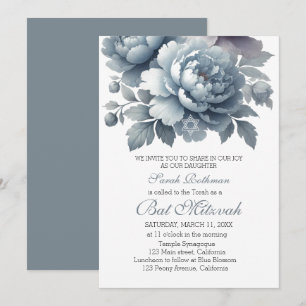 Convite Elegante Pó de Peônia Floral Azul Bat Mitzvah