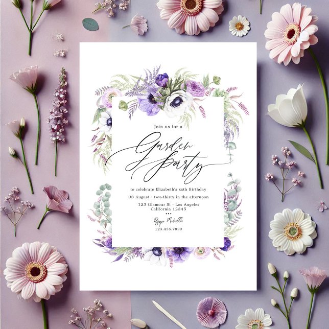 Convite Elegante Pó de Rosa Violeta Floral Festa de Jardim (Elegant Dusty Violet Floral Garden Party Invitation)