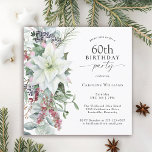 Convite Elegante Poinsettia Floral 60 de dezembro Aniversá<br><div class="desc">Com todas as vibrações festivas da época de Natal, este feriado de inverno, chamado design de 60ª festa de aniversário, apresenta um belo buquê em cascata de poinsetos brancos de aquarela e elementos florais vermelhos e verdes em um fundo branco limpo. Você pode editar a idade para qualquer idade, se...</div>